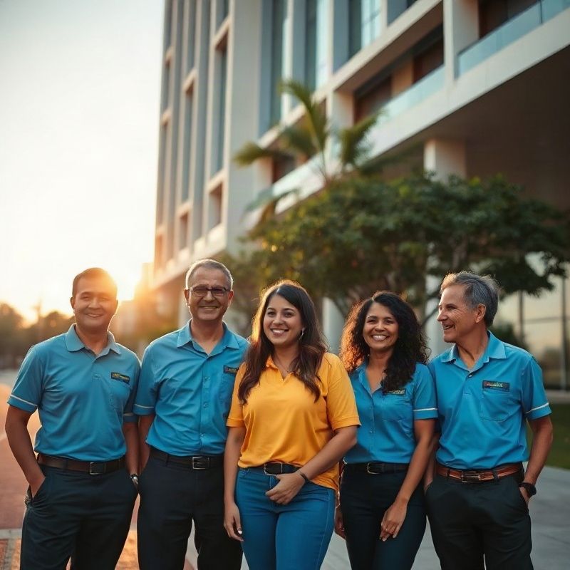 Equipe da Goldenmeadowk em frente ao escritório em Brasília